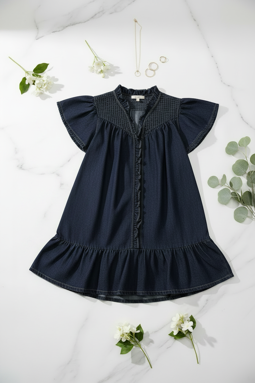 Ruffled Washed Denim Dress - Decorated Flat Lay