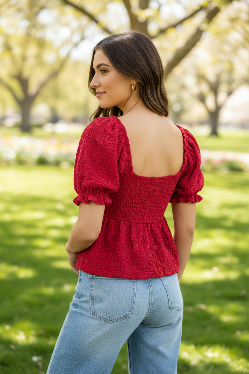 Red smocked peplum top rear view — open square back detail with puff sleeves and flowy peplum hem