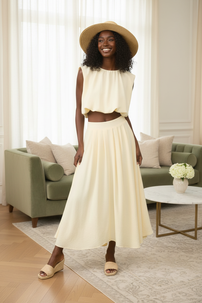 Butter yellow crop top and flowy skirt set in elegant lifestyle setting