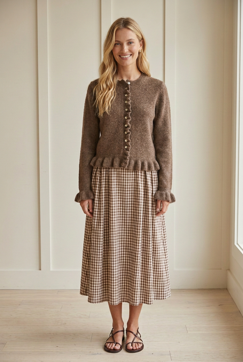 Smiling model wearing the brown Ruffle Edit knit cardigan with a crew neckline, wavy button front trim, and ruffled hem and cuffs.