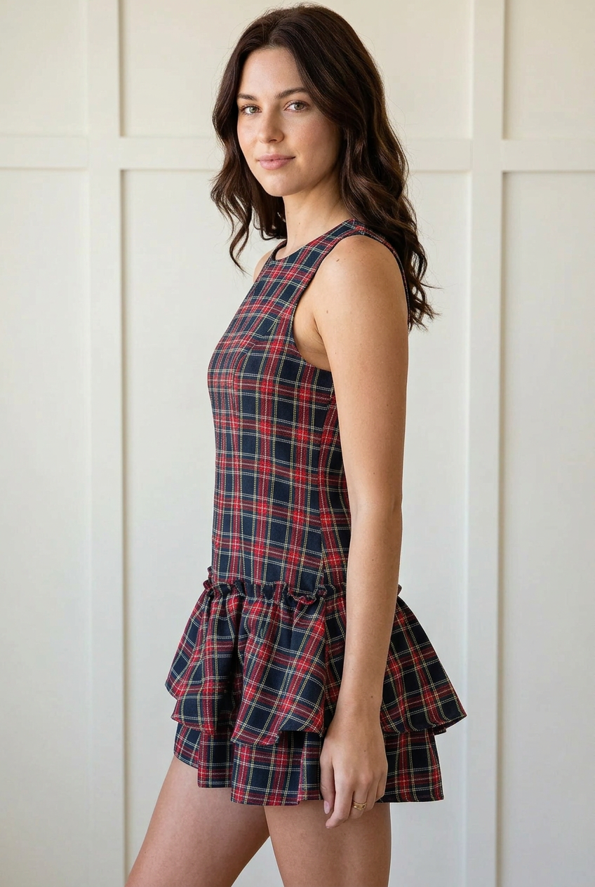 Side view of the tartan plaid romper highlighting its round neckline, fitted elongated bodice, and layered ruffles above the short hems.