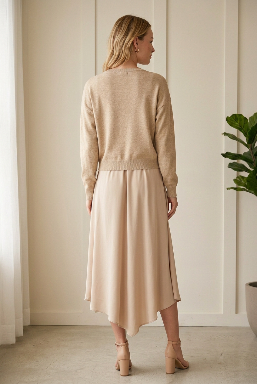 Back view of the Jodifl champagne two-piece set with long sleeve sweater layered over the draped midi dress.