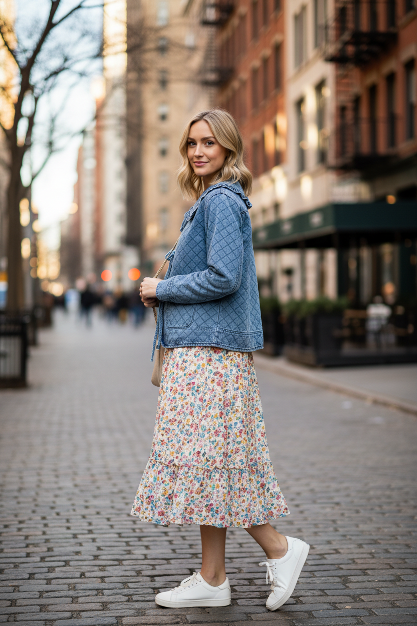 Quilted denim jacket with oversized ruffle collar over-the-shoulder view — diamond quilt pattern, tie-front bows, floral midi skirt styling
