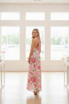 Pink Floral Peony Maxi Dress - Back View Open Back
