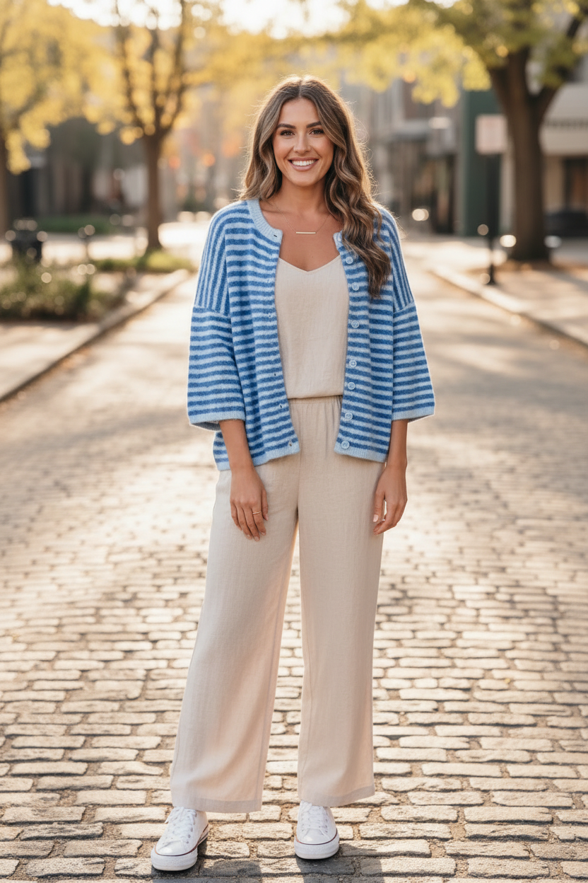 Full body front view of brunette woman outdoors wearing blue stripe boxy knit cardigan open over cream linen tank top with wide-leg linen pants and white sneakers