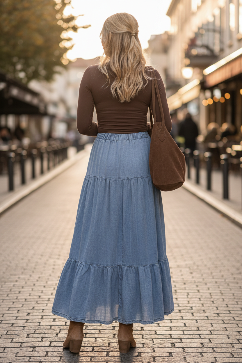 Full body back view of blonde woman in light wash denim tiered maxi skirt showing elastic waistband and multiple ruffle tiers, fitted dark brown long sleeve top and tan suede boots