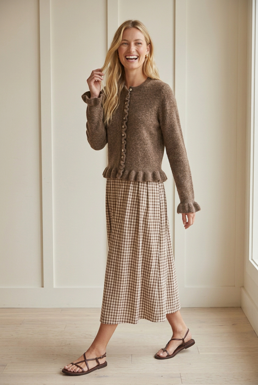 Walking view of the brown button front knit cardigan showing long sleeves, ruffle cuffs, and a gathered ruffle hem on a smiling model.