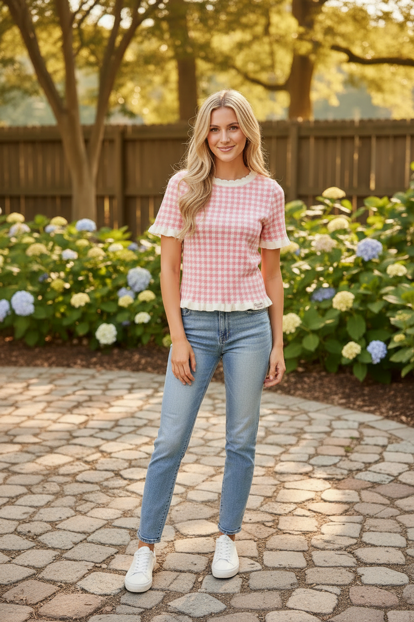 Pink gingham knit sweater top full body lifestyle shot, styled with light wash denim jeans and white sneakers, scalloped ruffle neckline and ruffled sleeve cuffs visible