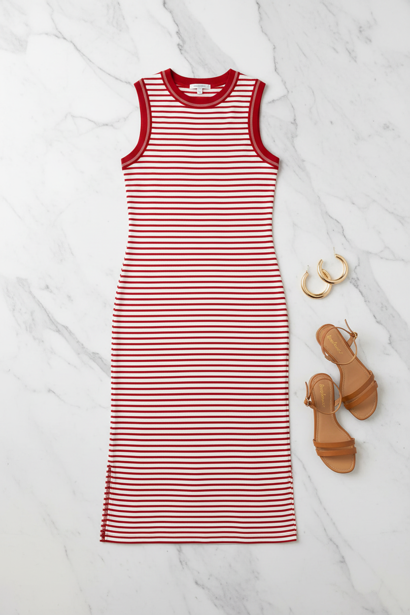 Flat lay of red and white stripe sleeveless knit midi dress with red contrast trim and side slit, styled on white marble with gold earrings and tan sandals