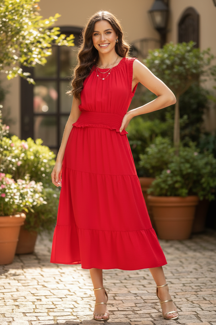 Cherry red smocked waist tiered midi dress full length front view — brunette model hand on hip garden patio gold strappy heels