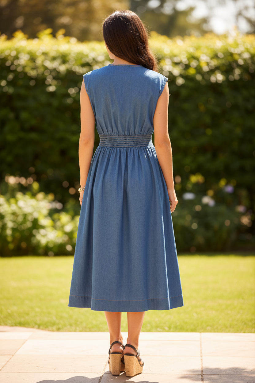 Back view of Umgee denim sleeveless midi dress showing wide elastic smocked waistband across full back and full A-line gathered skirt falling to midi length