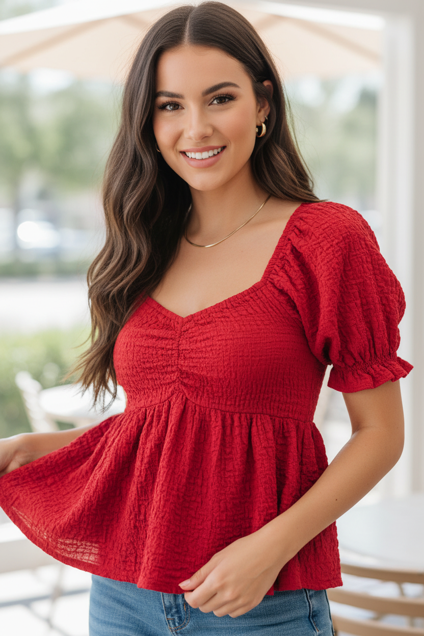 Red textured smocked peplum top close-up — crinkle fabric sweetheart neckline ruffle cuff sleeves and peplum hem detail