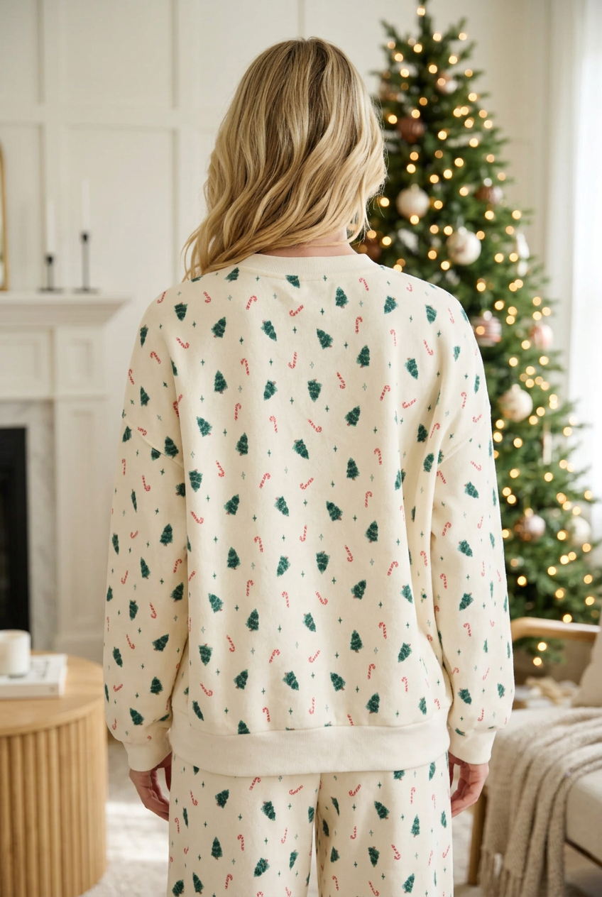 Back view of a cream Christmas tree and candy cane sweatshirt showing the all over festive print and relaxed fit.