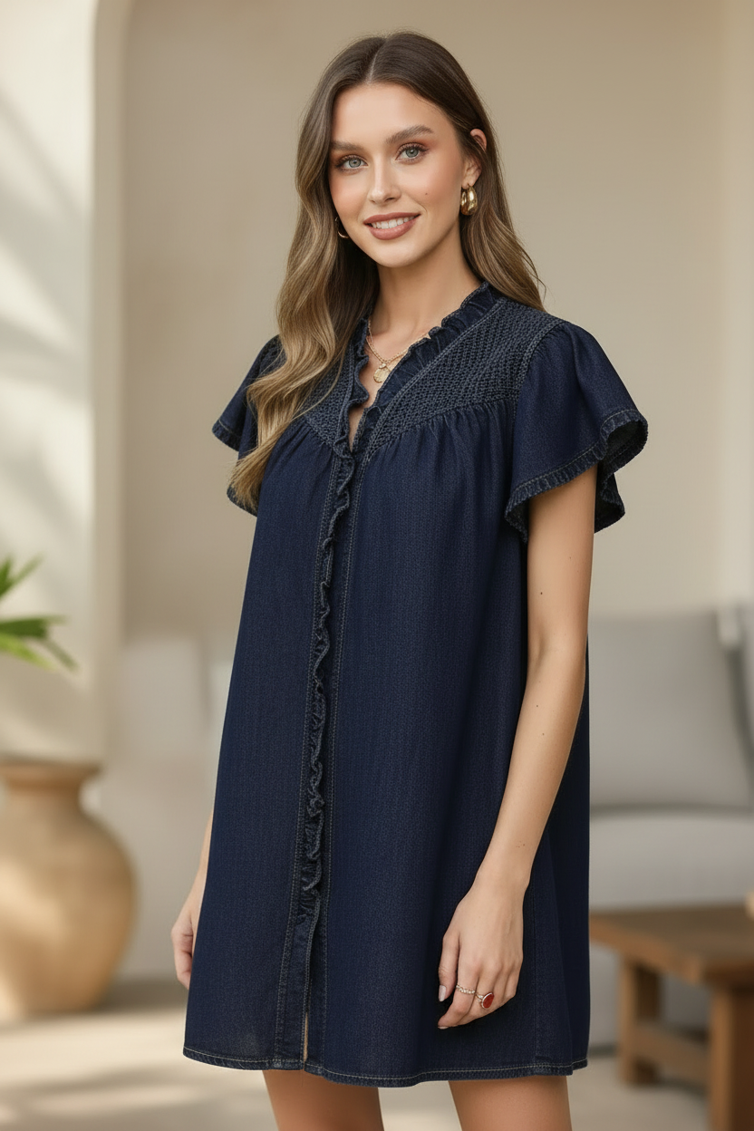 Ruffled Washed Denim Dress - Detail Close-Up