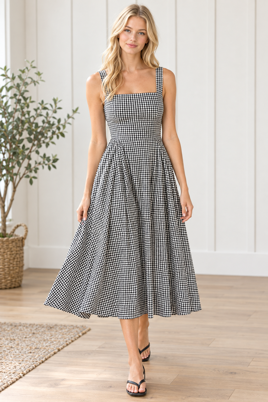 Walking view of black and white gingham midi dress showing the flowing pleated skirt