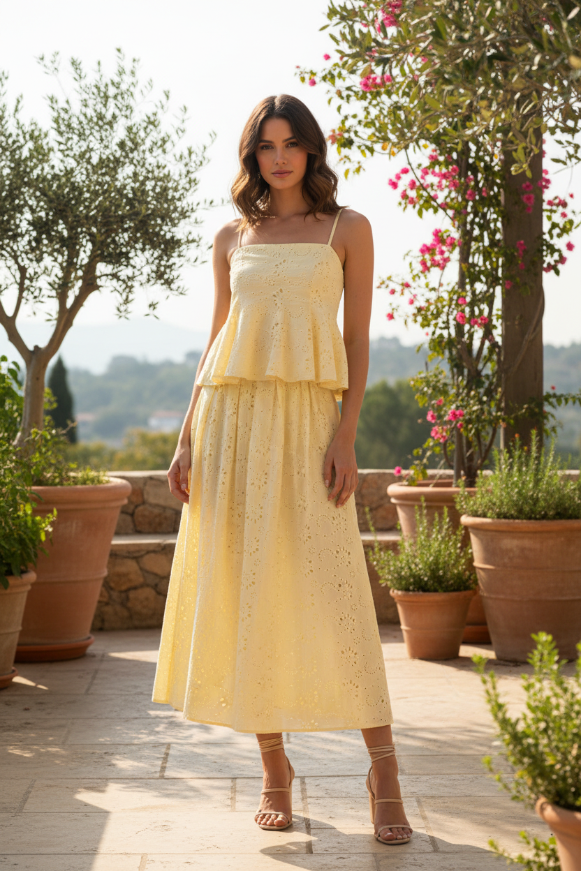 Brunette model wearing butter yellow eyelet peplum cami top and matching pleated midi skirt set, standing on sunny garden terrace with strappy heeled sandals, full body lifestyle shot