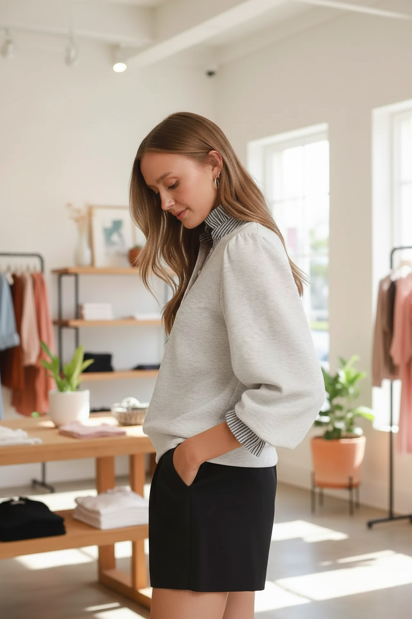Side profile of a blonde woman wearing the Umgee stripe ruffle neck long sleeve top in heather white, showing the balloon puff sleeve silhouette and smocked ruffle stripe cuffs, paired with black tailored shorts