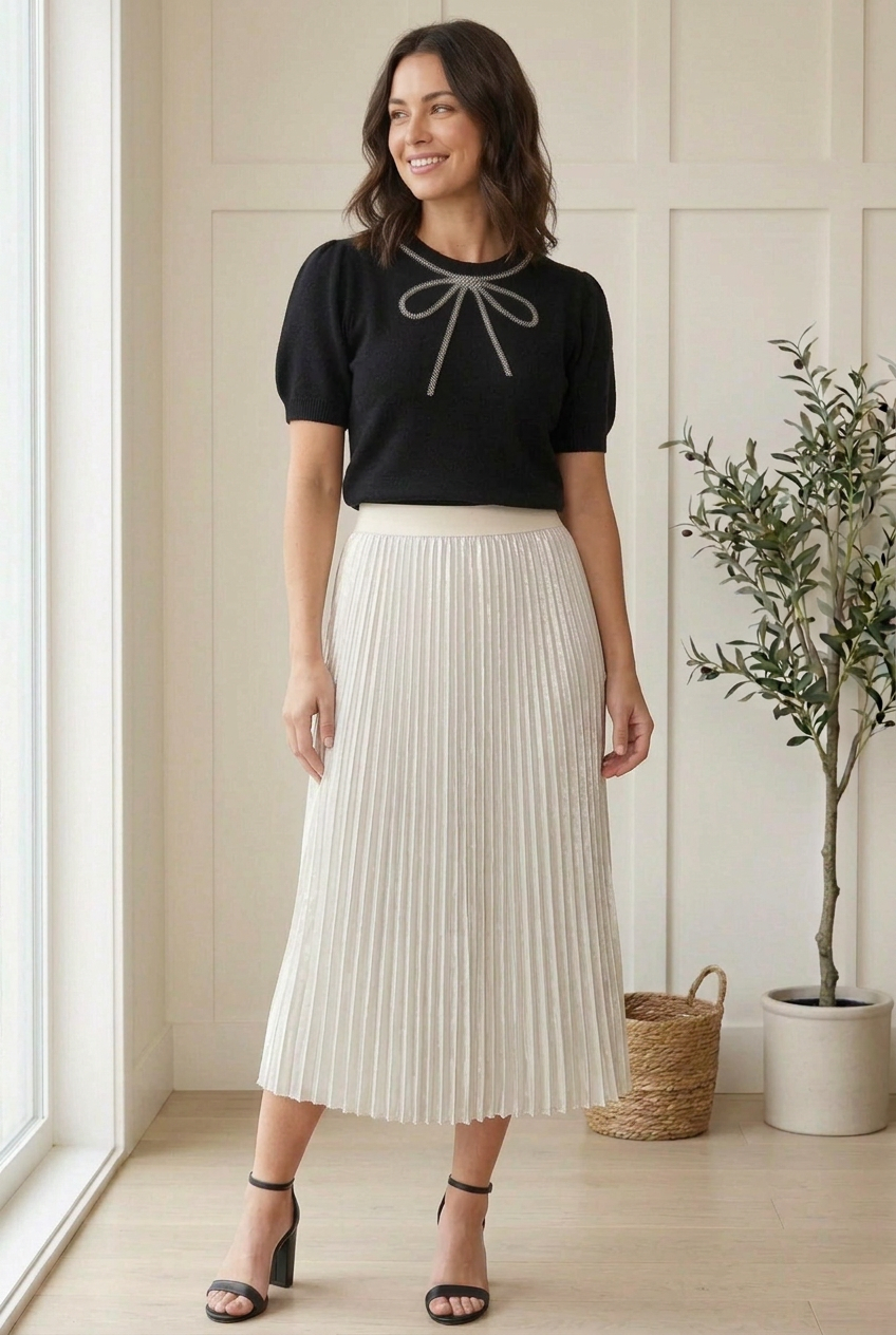 Side view of black beaded bow sweater showing puffed half sleeves and fitted sleeve cuffs.