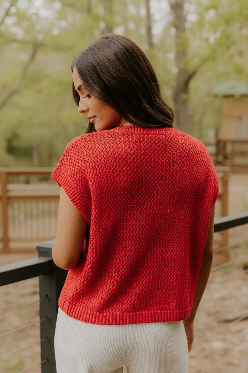 Back view of brunette model wearing fiery red open-knit sweater top outdoors