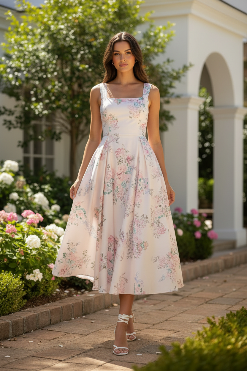 Brunette model walking through garden path in blush floral open back midi dress, skirt flowing naturally in motion with strappy white heeled sandals