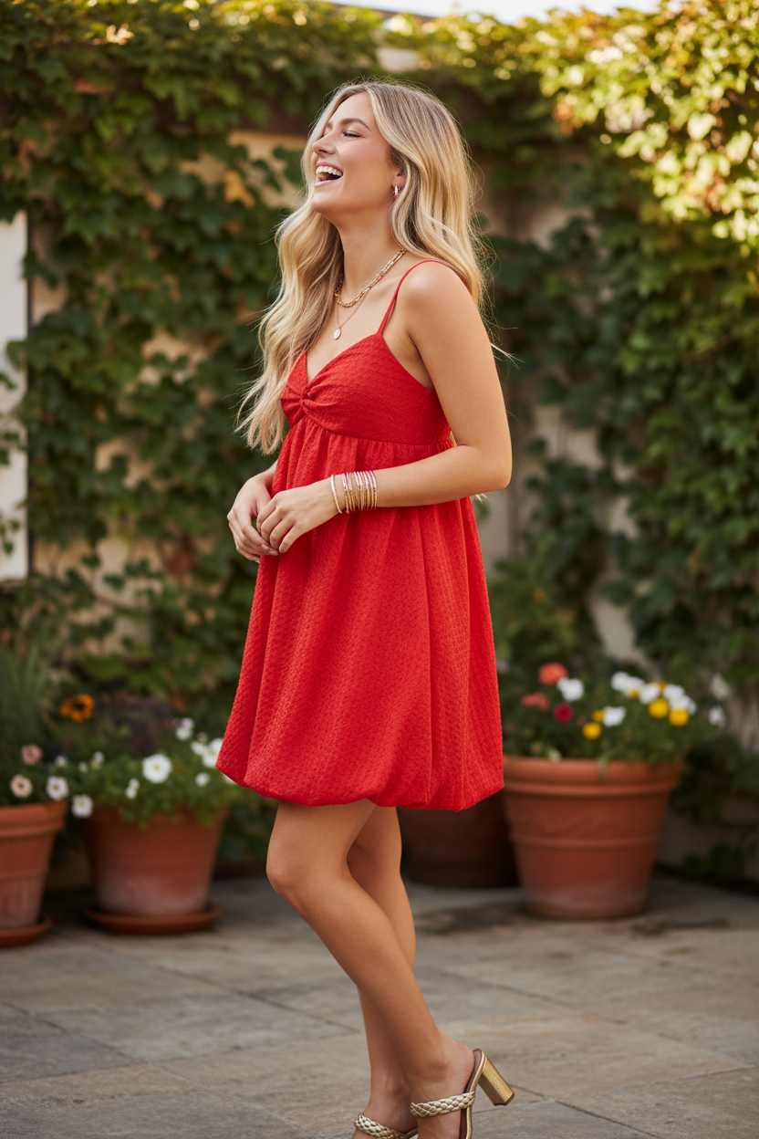 Red textured babydoll mini dress three quarter side view — full A-line bubble hem silhouette blonde model rooftop lifestyle