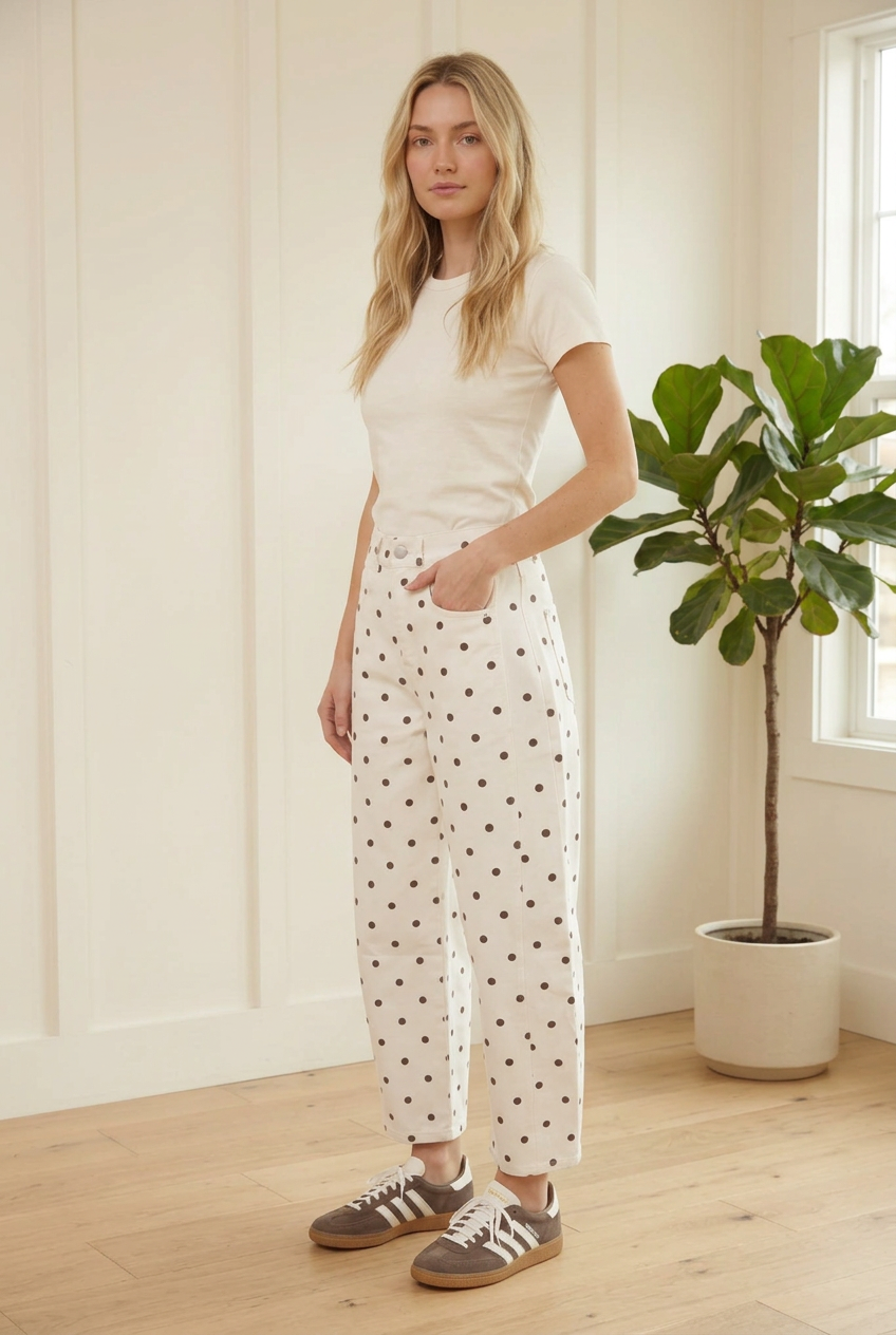 Angled view of ecru polka dot barrel jeans showing the high waist, front pockets and relaxed curved legs.