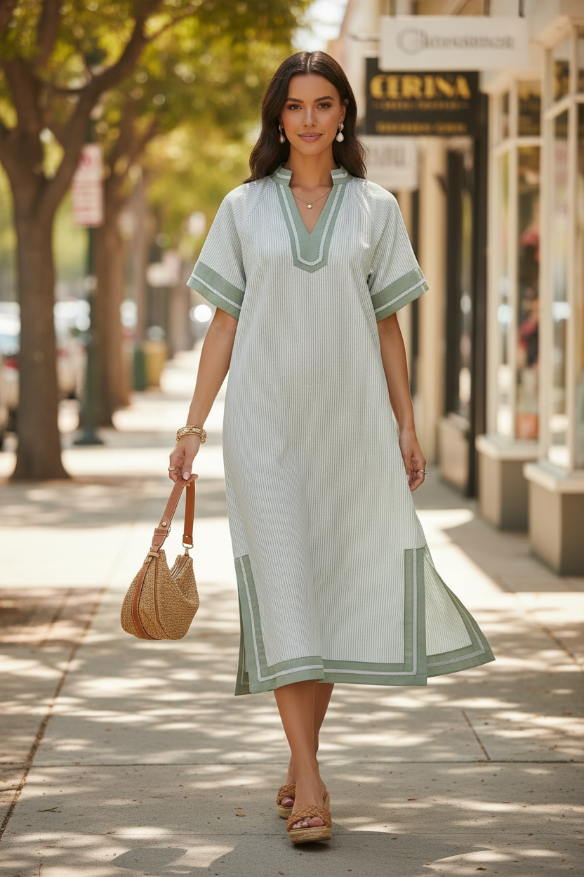 Brunette model walking in Umgee sage pinstripe midi dress with woven rattan bag and tan wedge sandals, outdoor boutique lifestyle shot with dress flowing naturally