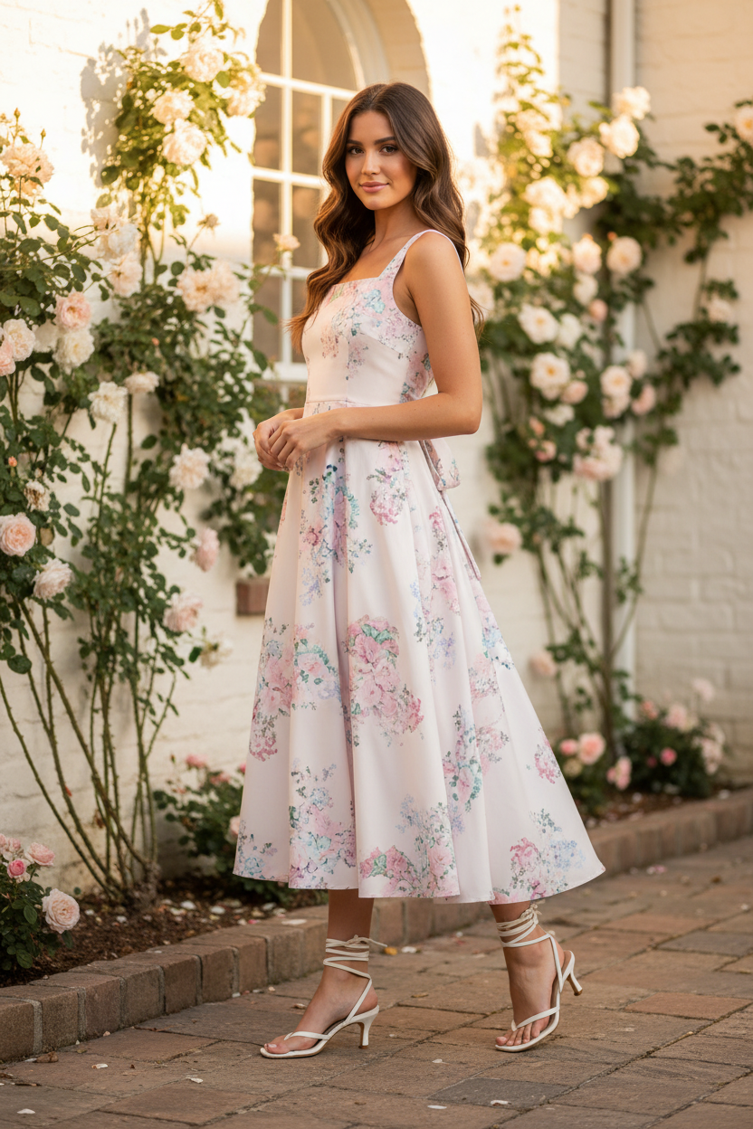 Three-quarter angle of brunette model in blush ivory floral midi dress with structured square neckline and pleated bodice, garden courtyard with climbing roses background