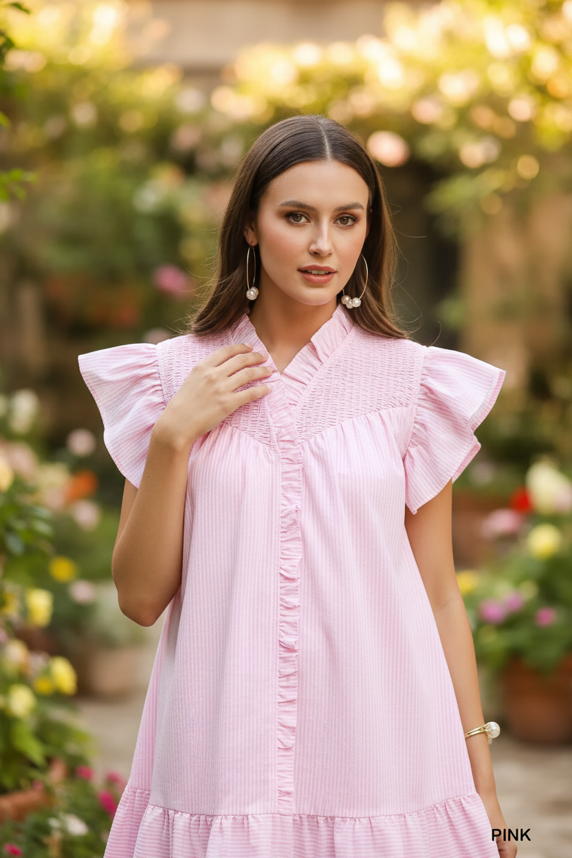 Umgee pink stripe smocked yoke dress upper body close-up showing smocked yoke detail, double-layer butterfly ruffle sleeves, and ruffle trim button placket