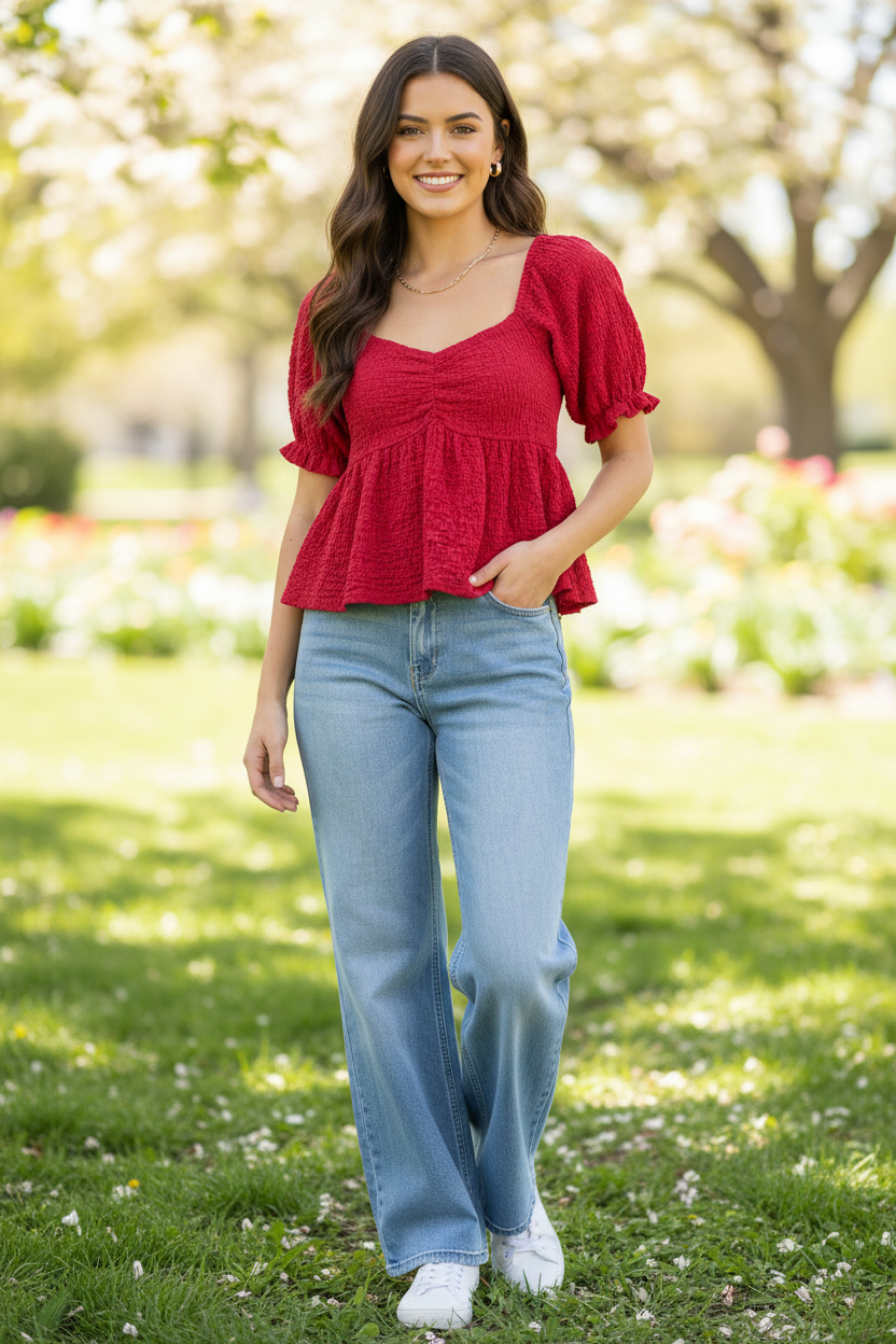 Red textured smocked peplum top full length front view — sweetheart neckline puff sleeves styled with wide-leg jeans