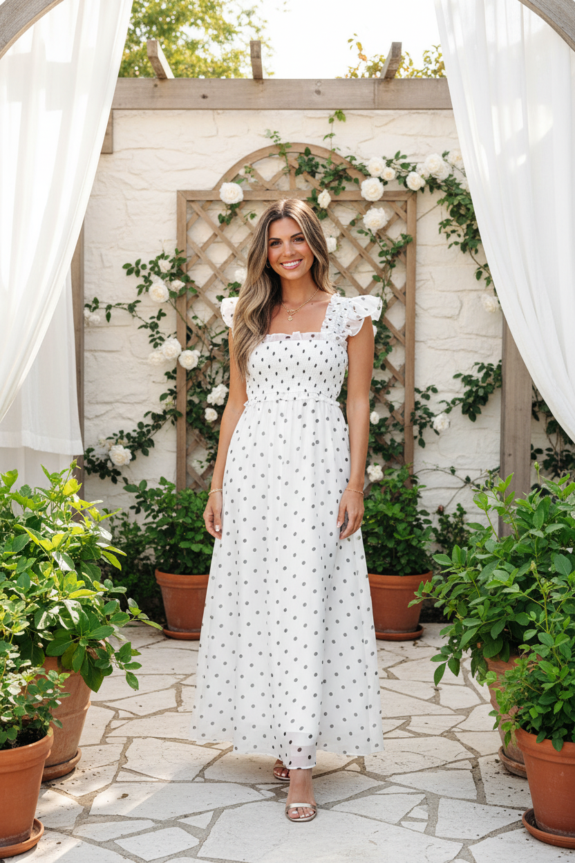 Blonde model wearing white polka dot flutter sleeve smocked maxi dress, full front view outdoor lifestyle — Thread Bar Boutique