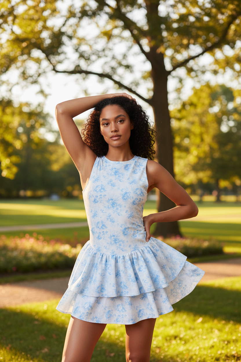 Soft blue floral active mini dress with built-in shorts outdoors