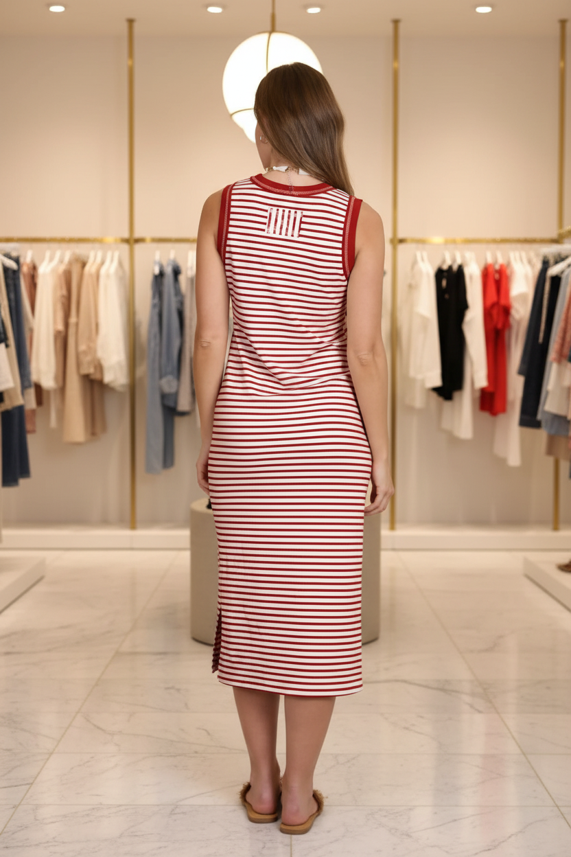 Back view of sleeveless red stripe knit midi dress showing contrast trim detail at neckline and straight fit silhouette