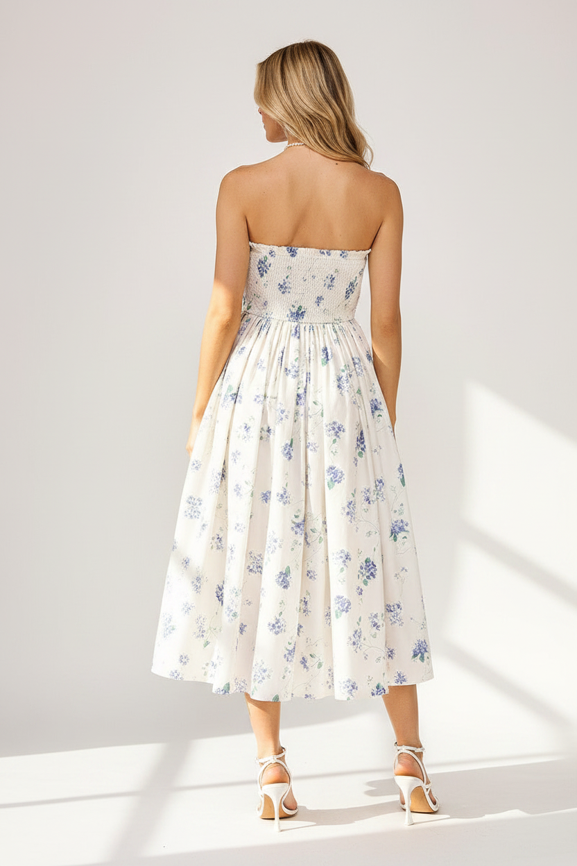 White Blue Floral Strapless Midi Dress back view smocked bodice detail from Thread Bar Boutique