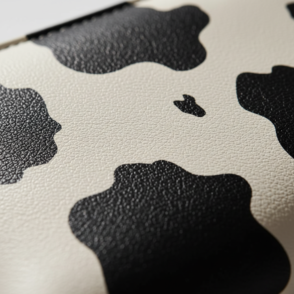 Close-up of cow print faux leather fabric texture showing black and white spots