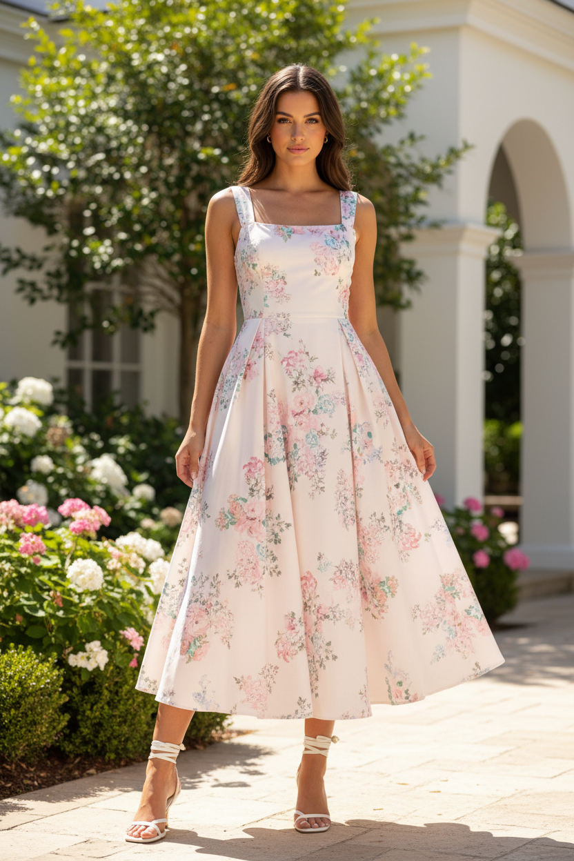 Brunette model wearing blush floral square neck open back midi dress with wide tie straps and full A-line pleated skirt, front-facing lifestyle pose in sunlit garden patio