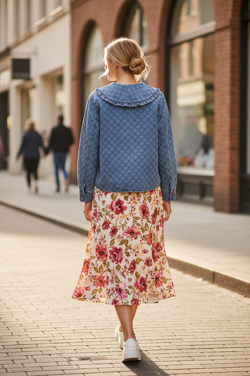 Quilted denim jacket back view — oversized ruffled collar, diamond quilt pattern, long sleeves, styled with floral midi skirt
