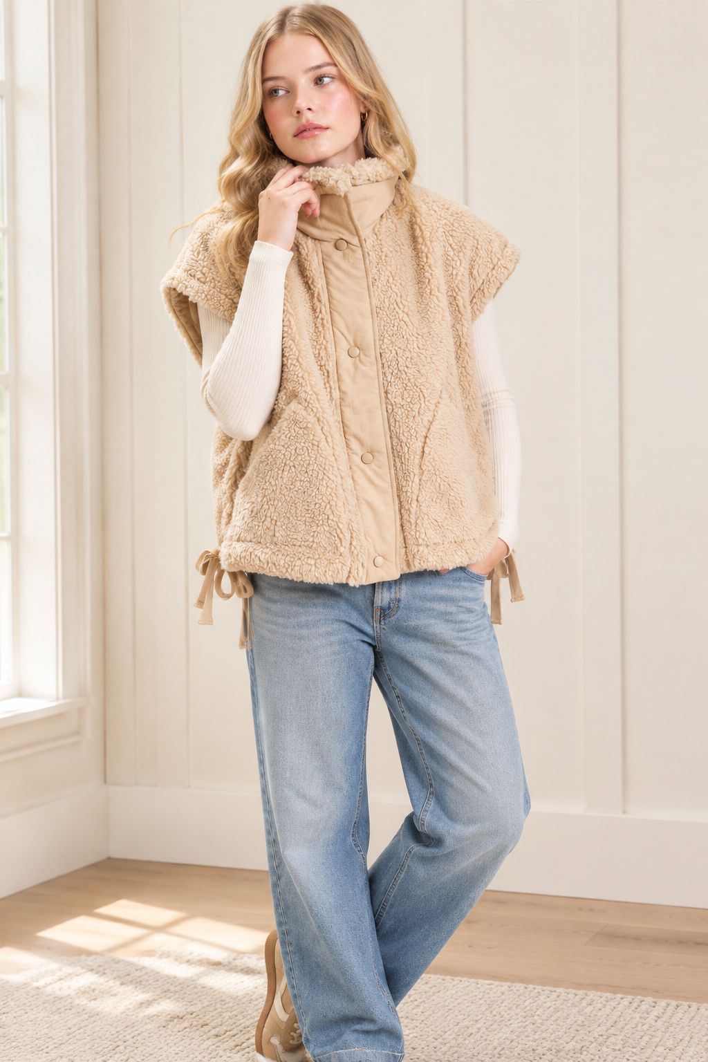 Beige high collar sherpa vest with snap closure and pockets, front view