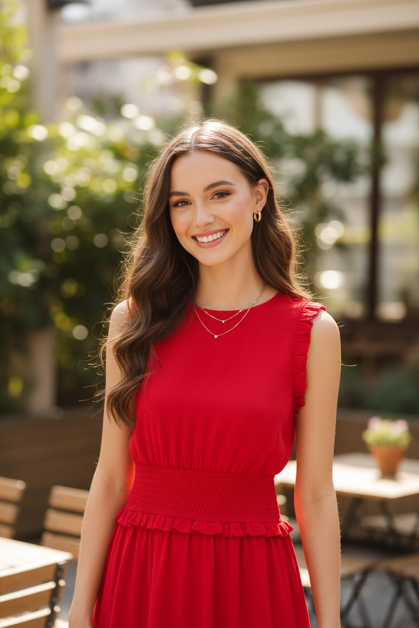 Cherry red smocked waist tiered midi dress close-up — smocked elastic bodice detail and neckline brunette model