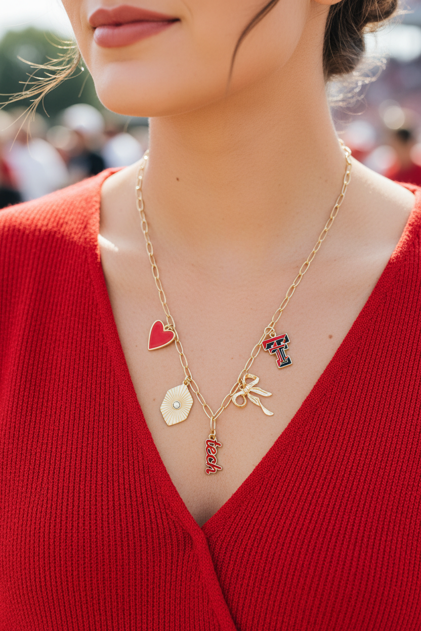 Texas Tech Red Raiders Paper Clip Charm Necklace - lifestyle neckline shot, red game day outfit