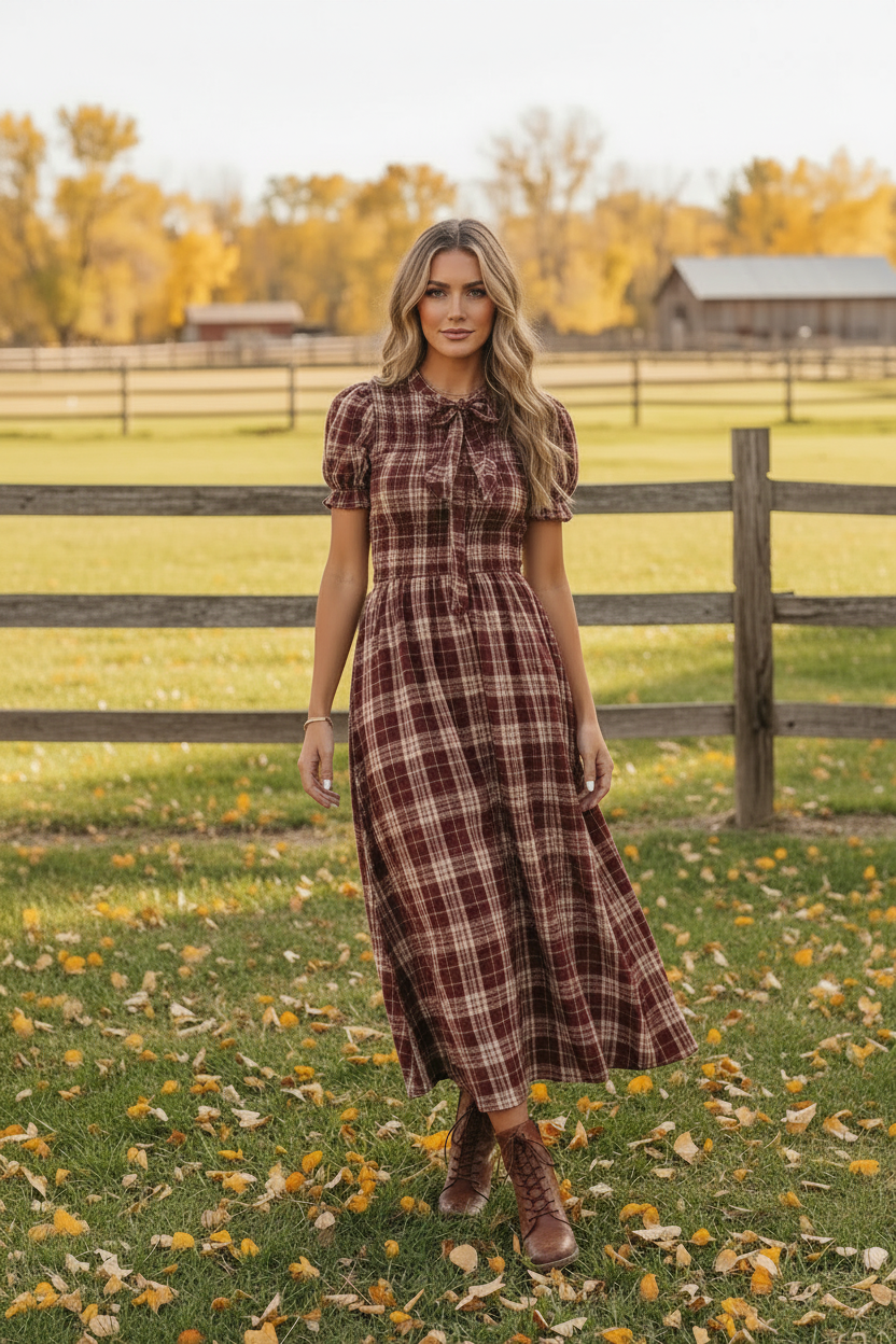 Brunette woman in red plaid smocked high waist midi dress with A-line skirt and brown boots, relaxed pose in grassy field