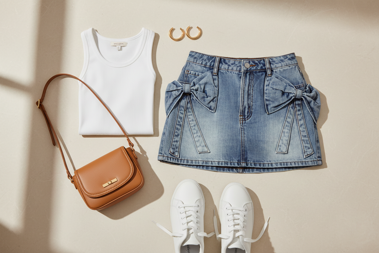 Styled flat lay of high-waisted A-line denim mini skirt with bow knot front pockets and distressed wash, paired with white ribbed tank, white sneakers, and gold hoop earrings