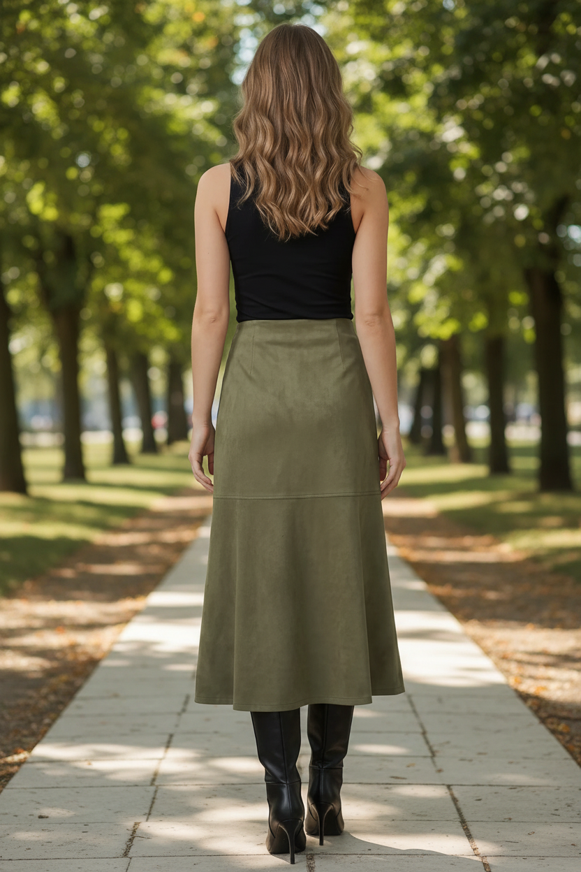 Olive Suede Asymmetrical Mermaid Skirt - back view on tree-lined path with black tank