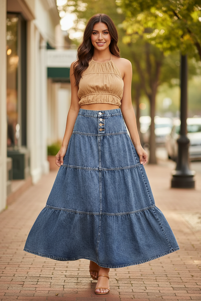 Brunette model walking in Risen acid-wash denim high-rise tiered maxi skirt, skirt flowing naturally showing 3-tier panel construction and A-line flare