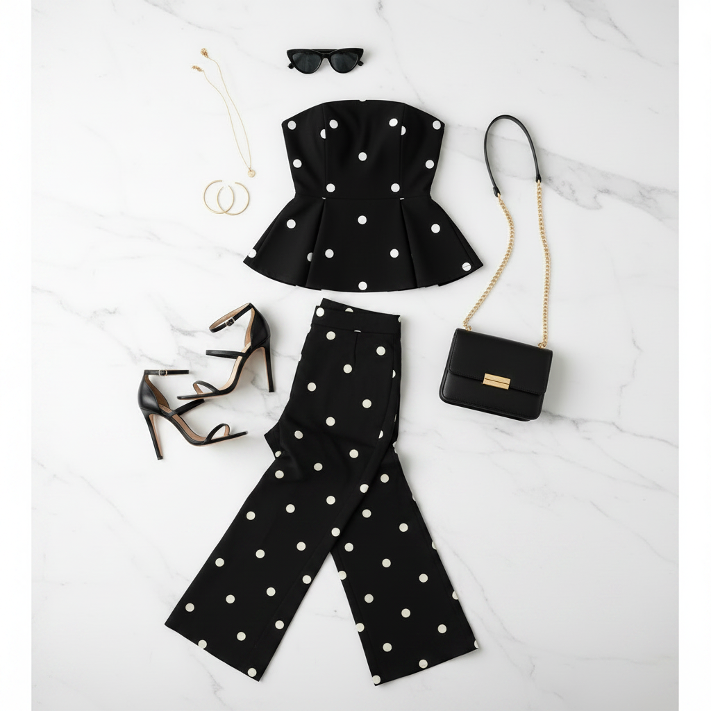 Black and white polka dot matching set flat lay with peplum top, barrel pants, heels, purse, and accessories