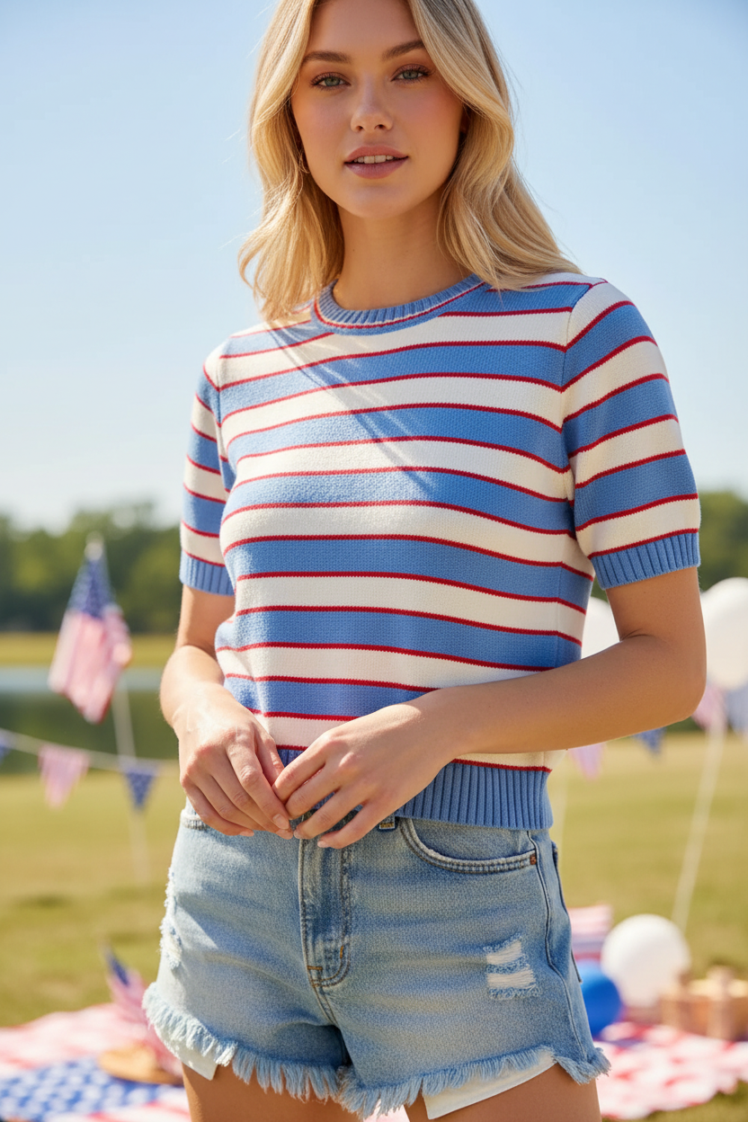 Close-up of blue, white and red stripe knit short sleeve sweater top — ribbed crew neckline detail