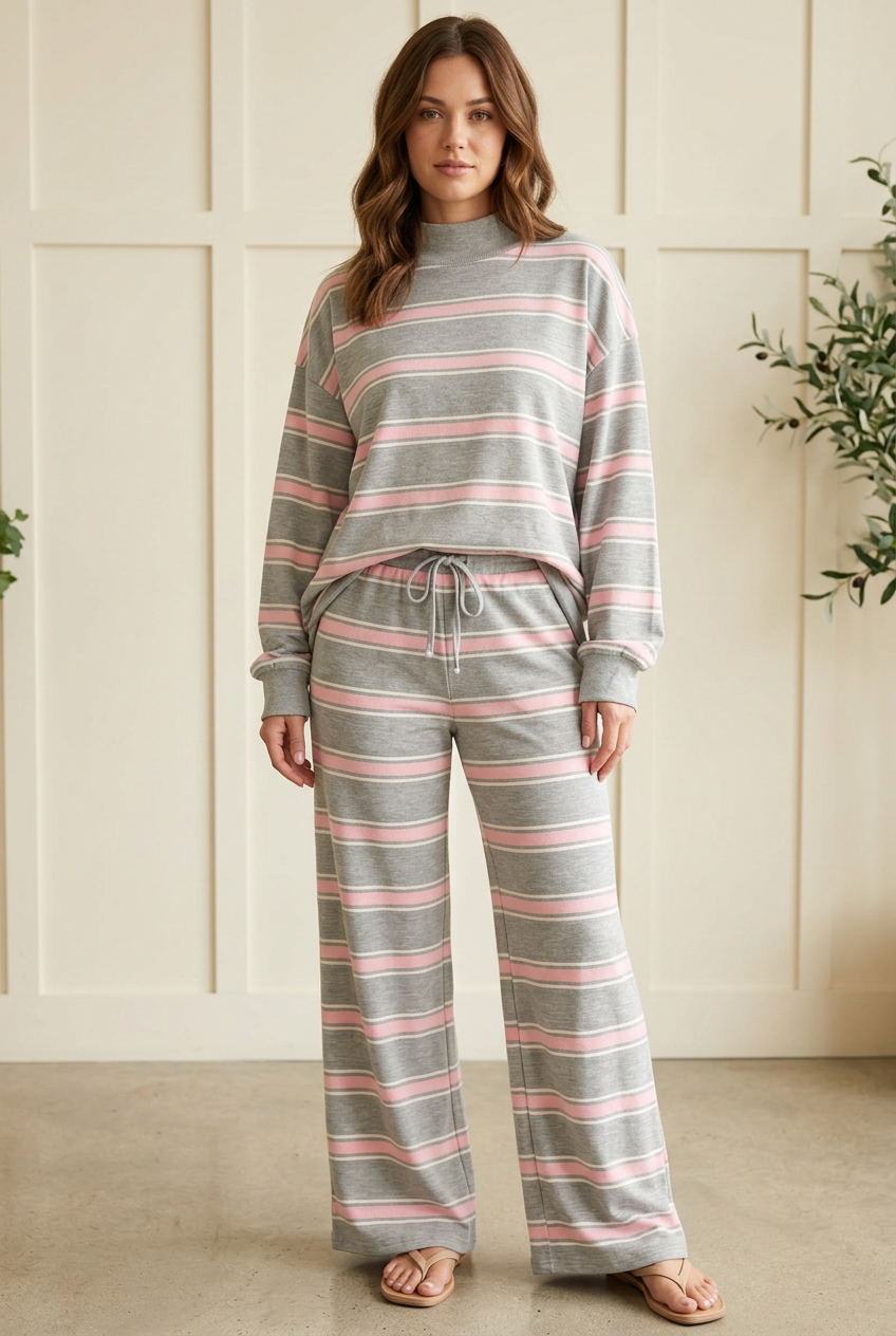 Three-quarter view of the Slow Morning Pink Stripe lounge set showing the mock neck, long sleeves, and loose wide leg silhouette.