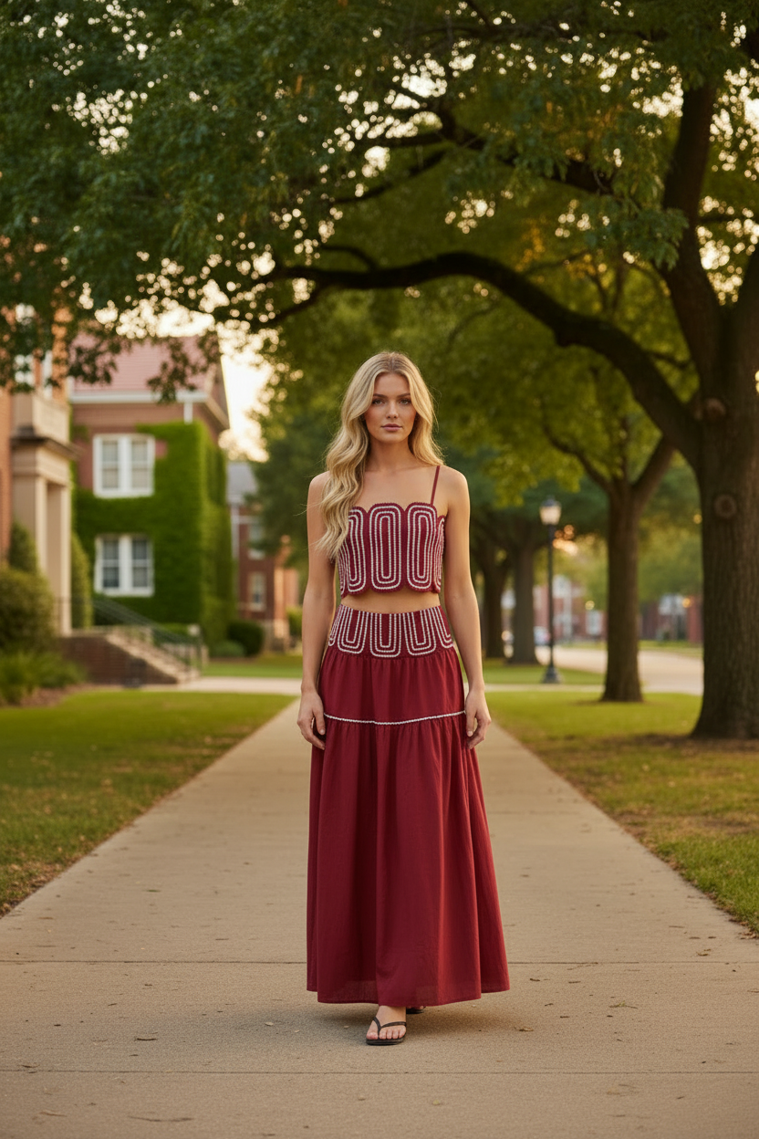 Blonde model wearing crimson red lace trim crop top and tiered maxi skirt set - front facing on tree-lined campus sidewalk