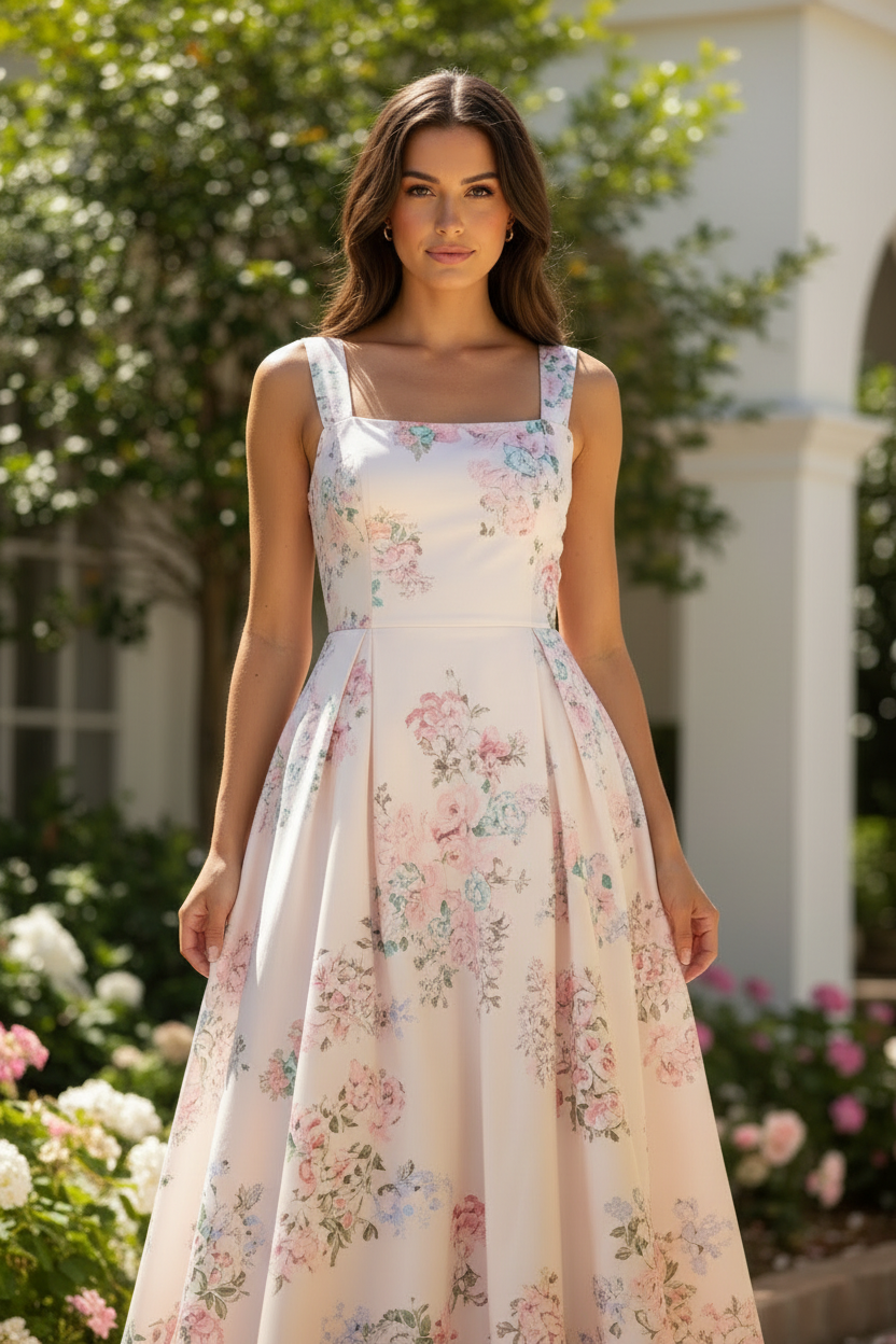 Close-up detail of blush ivory floral midi dress showing structured square neckline, wide flat shoulder straps, and fitted pleated bodice with pastel floral print