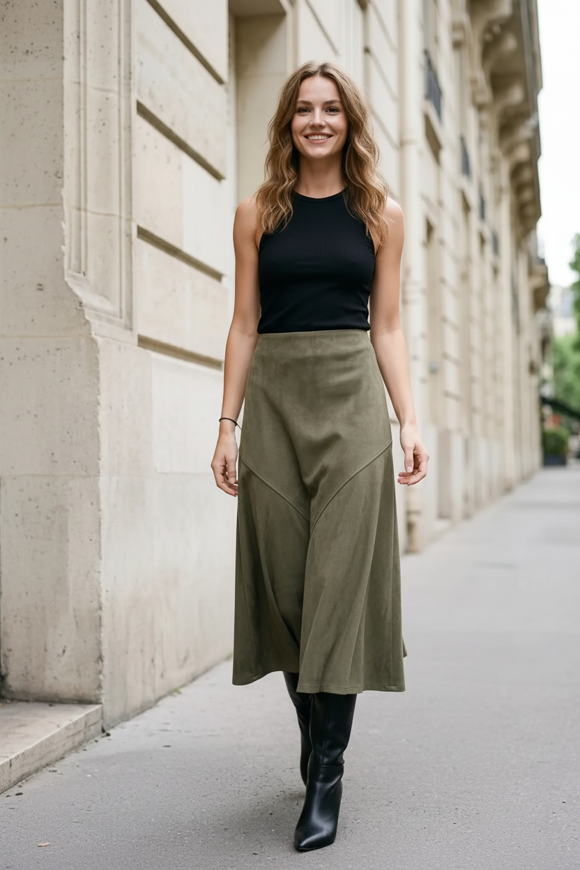 Olive Suede Asymmetrical Mermaid Skirt - front view on cobblestone street with black tank